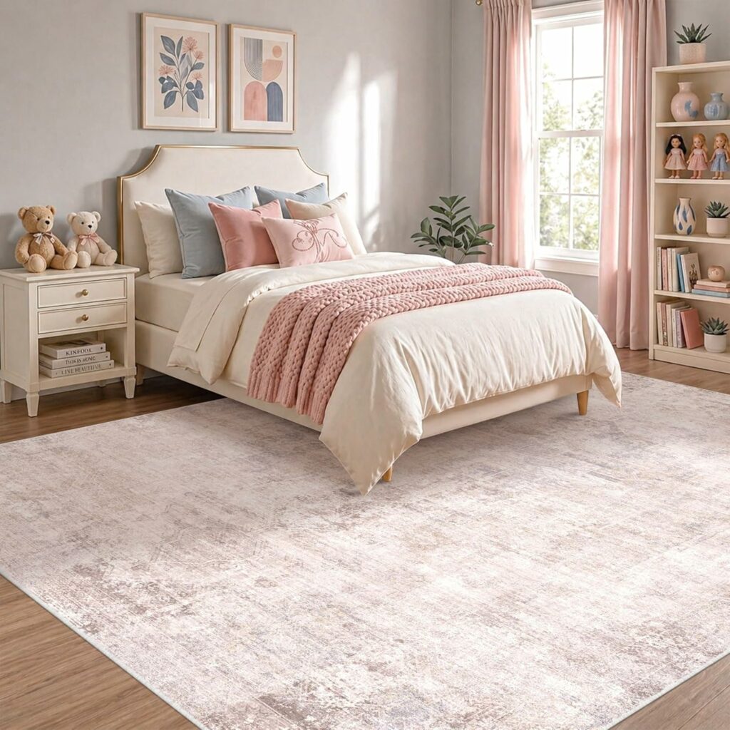 Dusty rose Moroccan-style rug at the foot of a wooden bed