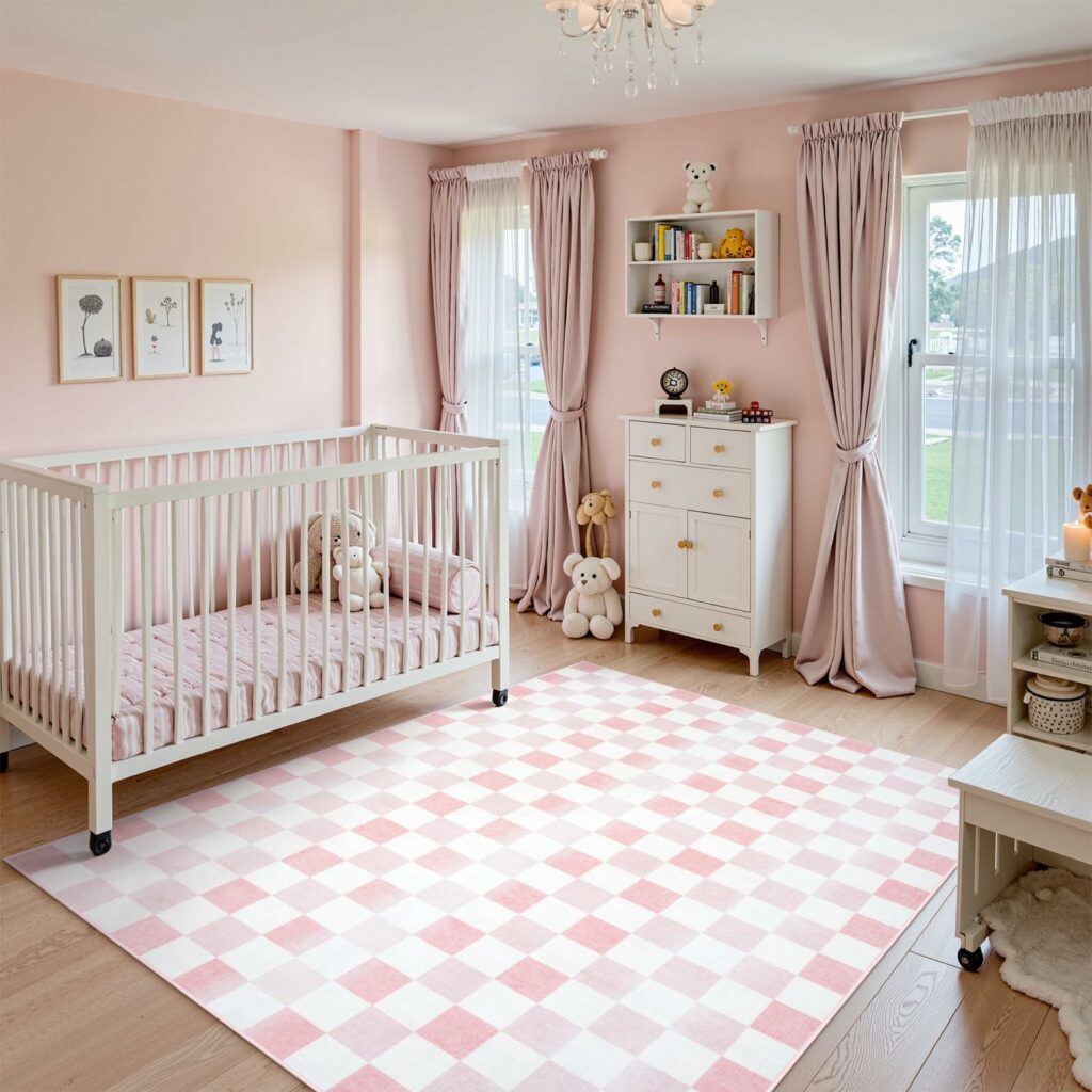 Pink Checkered Rug for Girls Bedroom