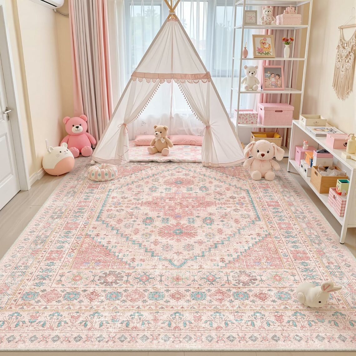 Pink flatweave rug in a colourful teen bedroom