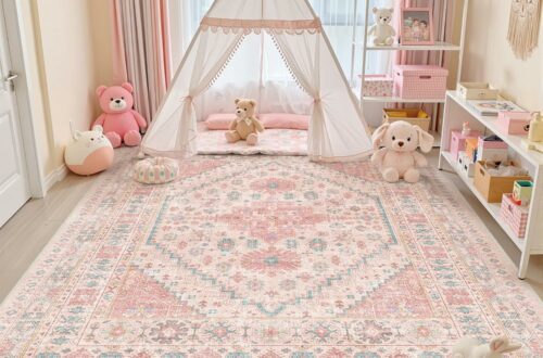 Pink flatweave rug in a colourful teen bedroom