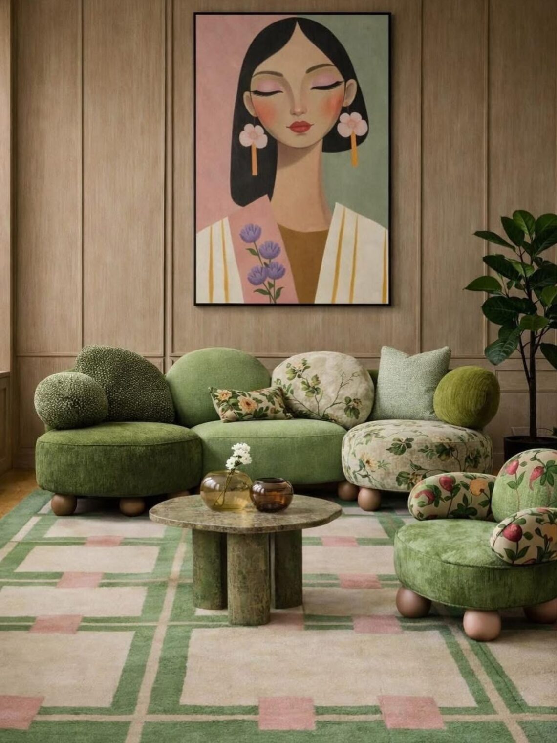 Green velvet sofa in a contemporary living room