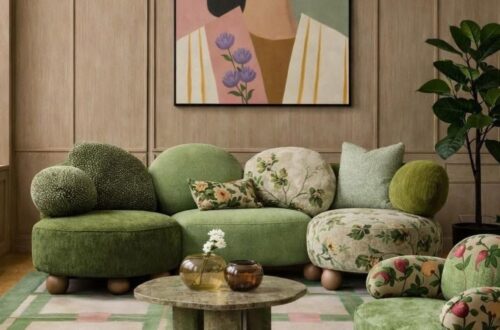 Green velvet sofa in a contemporary living room