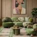 Green velvet sofa in a contemporary living room